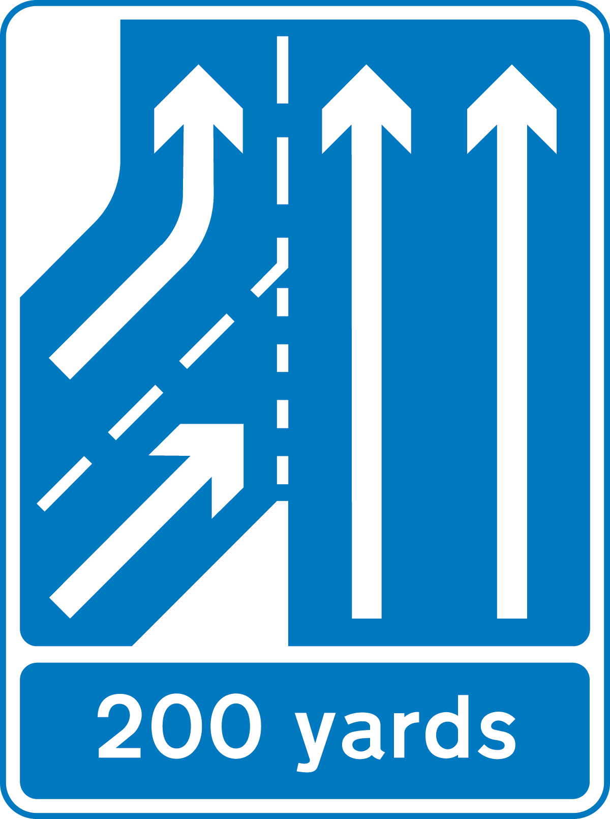 Additional traffic lane joining from the left ahead in 200 yards. Traffic on the main carriageway has priority over joining traffic