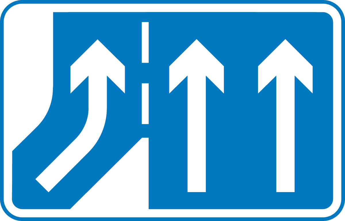 Additional traffic lanes joining from the right ahead. Traffic on the main carriageway has priority over joining traffic