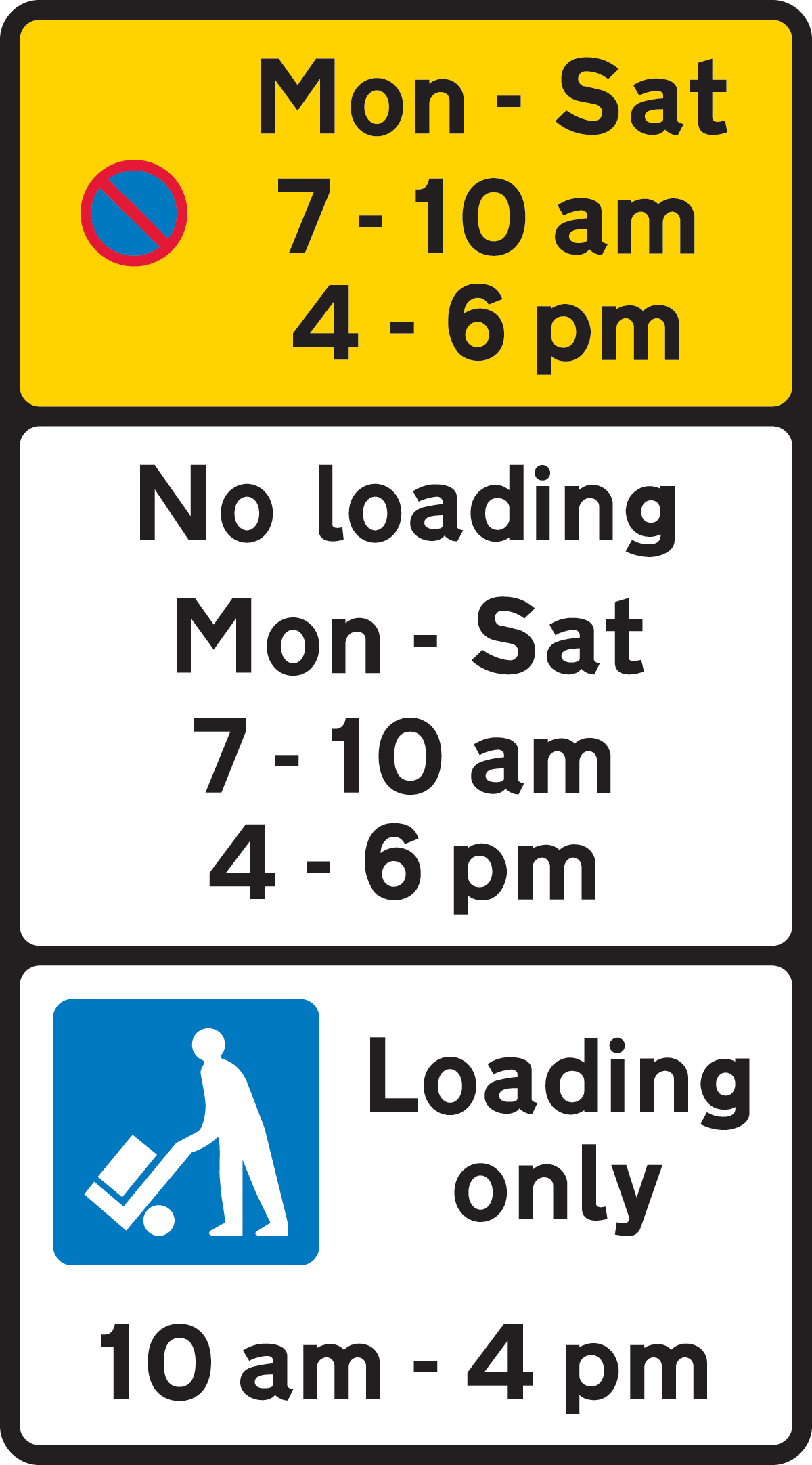 Bay reserved for loading and unloading by goods vehicles during the period indicated, and waiting prohibited during the period indicated