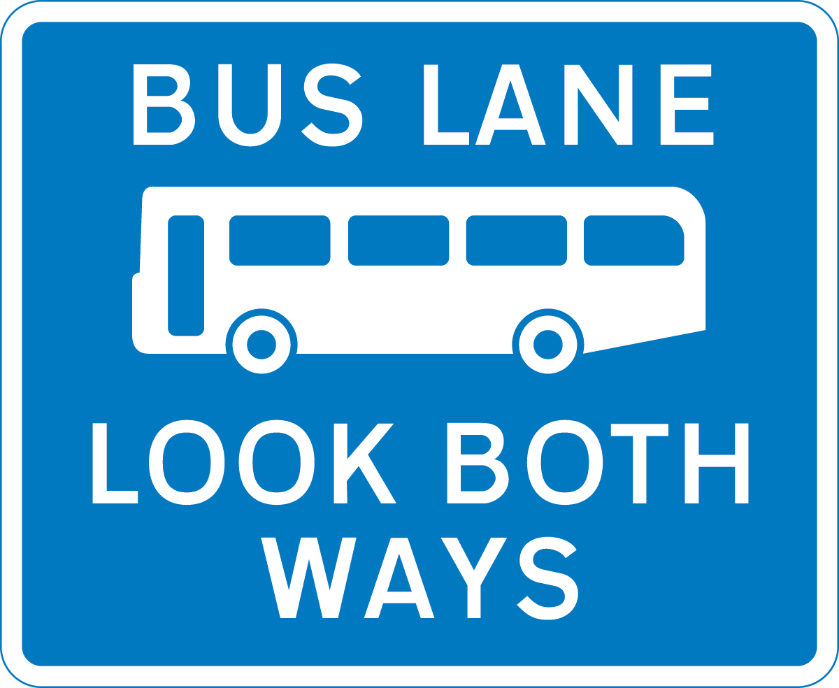 Bus lane with traffic proceeding from both ways  (reminder for pedestrians)