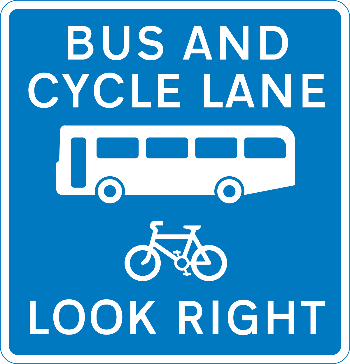 Contra-flow bus lane which pedal cycles may also use with traffic approaching from the right (reminder for pedestrians)
