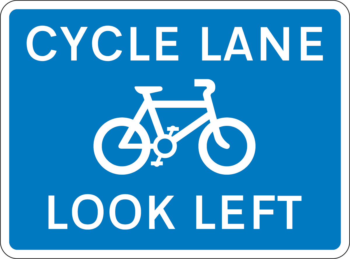 Cycle lane with traffic proceeding from left (pedestrian reminder)